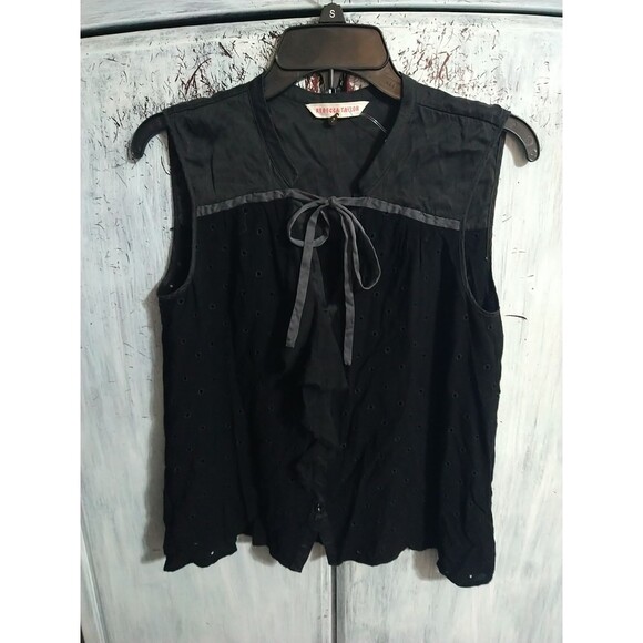 Rebecca Taylor Sleeveless Eyelet Ruffled Tie Blouse Sz 8 Black Boho Cottage Core - Picture 4 of 10